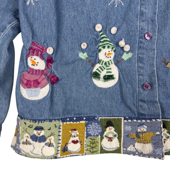 Cottagecore Denim Christmas Snowman Embroidered Shirt Women's S Blue Winter‎ 90s - Picture 4 of 6